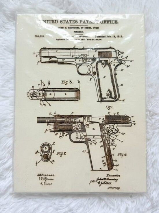 Fire & Pine Other - Browning 1911 Patent Print Wood Wall Art Firearm Decor